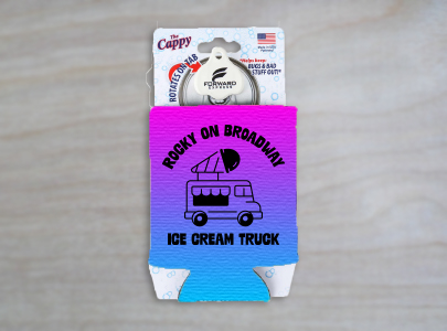 Custom Decorated Coozie for Rocky on Broadway Ice Cream Truck in Nashville, Tennessee. Pink and blue gradient custom coozie printed with Rocky on Broadway Ice Cream Truck logo.