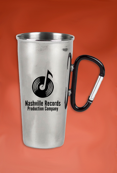 Custom Printed ACE Carabiner Shooter Stainless Steel for Nashville, Tennessee. Grey Stainless Steel Cup printed with Nashville Records Production Company logo for Nashville, TN