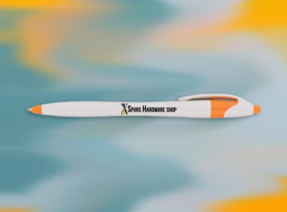 Custom Imprinted Archer Pen for Nashville, Tennessee. Retractable pen with White Barrel and orange trim imprinted with Hardware Shop logo for Nashville, Tennessee.
