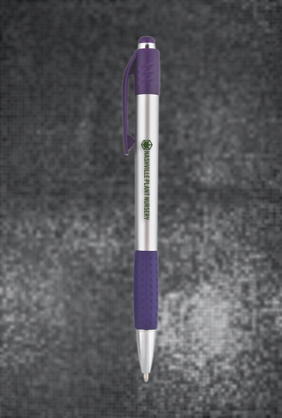 Custom Imprinted Fusion Pen for Nashville, Tennessee. Silver and purple imprinted with Nashville Plant Nyesery logo for Nashville, Tennessee.